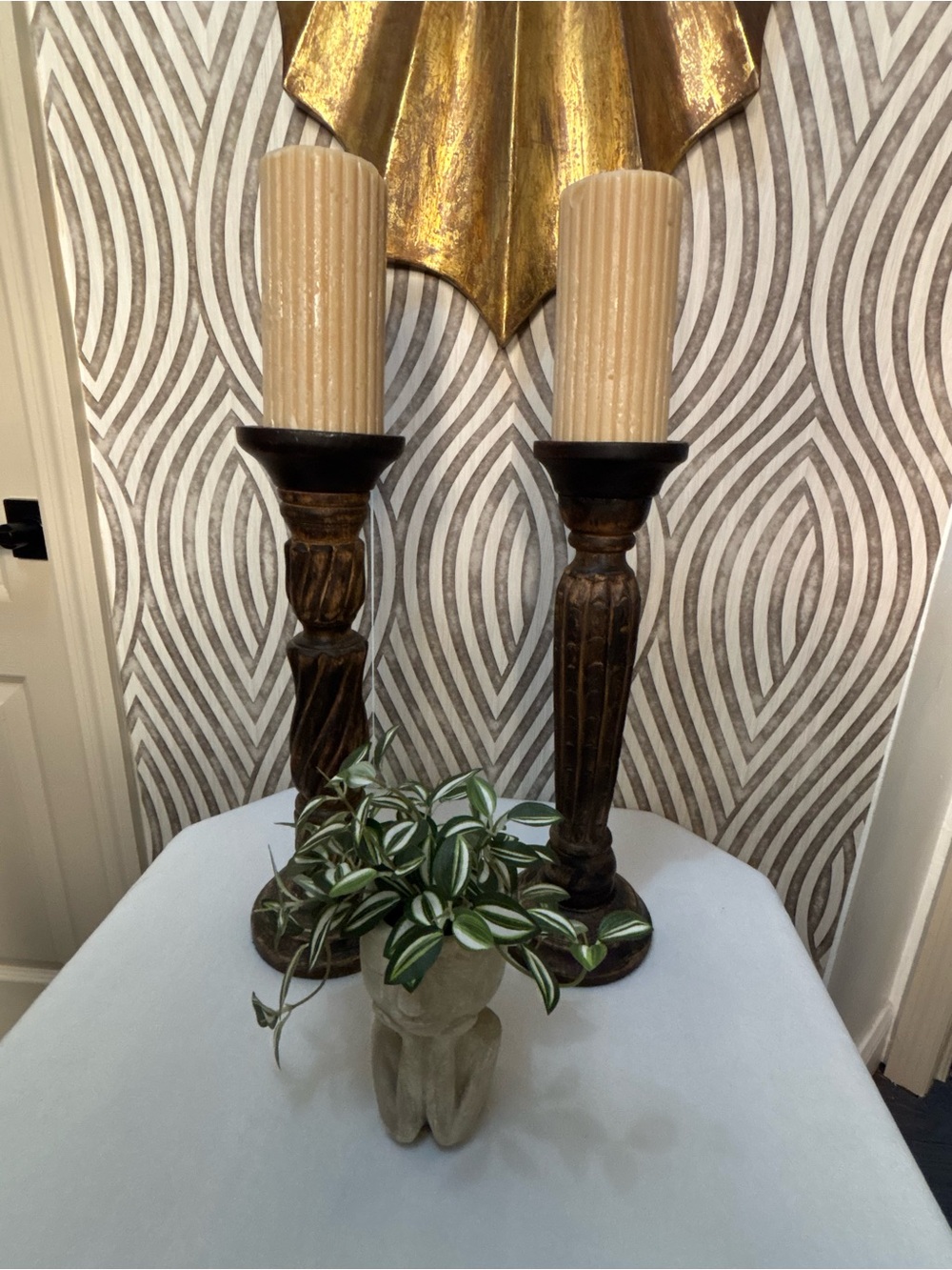 Two vintage solid wood pillar candle holders made in India